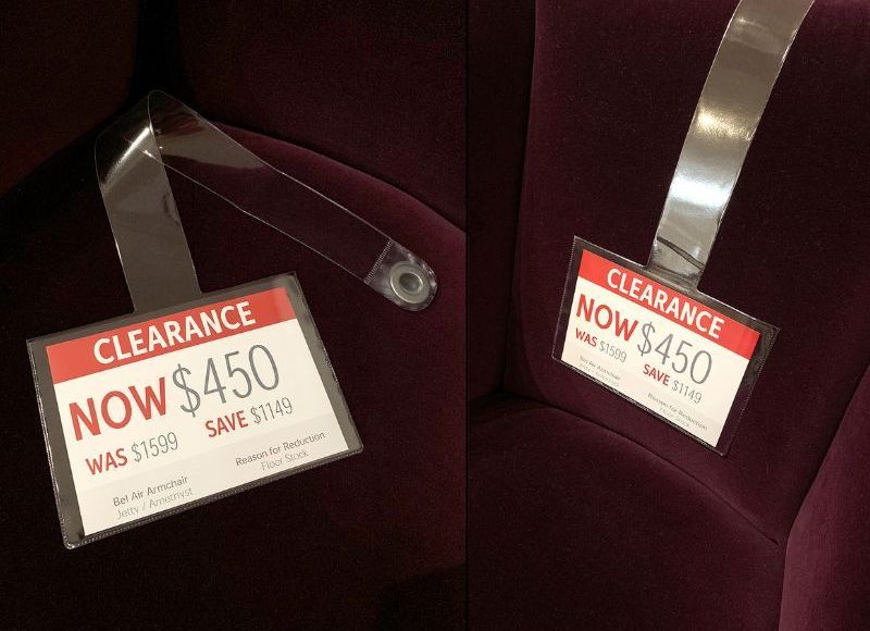 Acme Preston - Customised retail ticket pockets Price in a velvet material chair